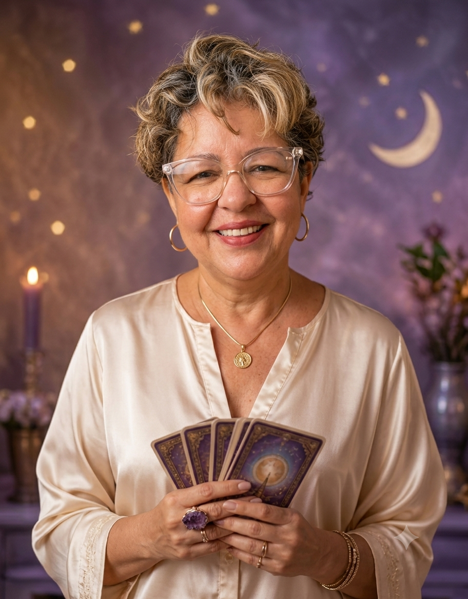 Dri Moraes segurando cartas de Tarot
